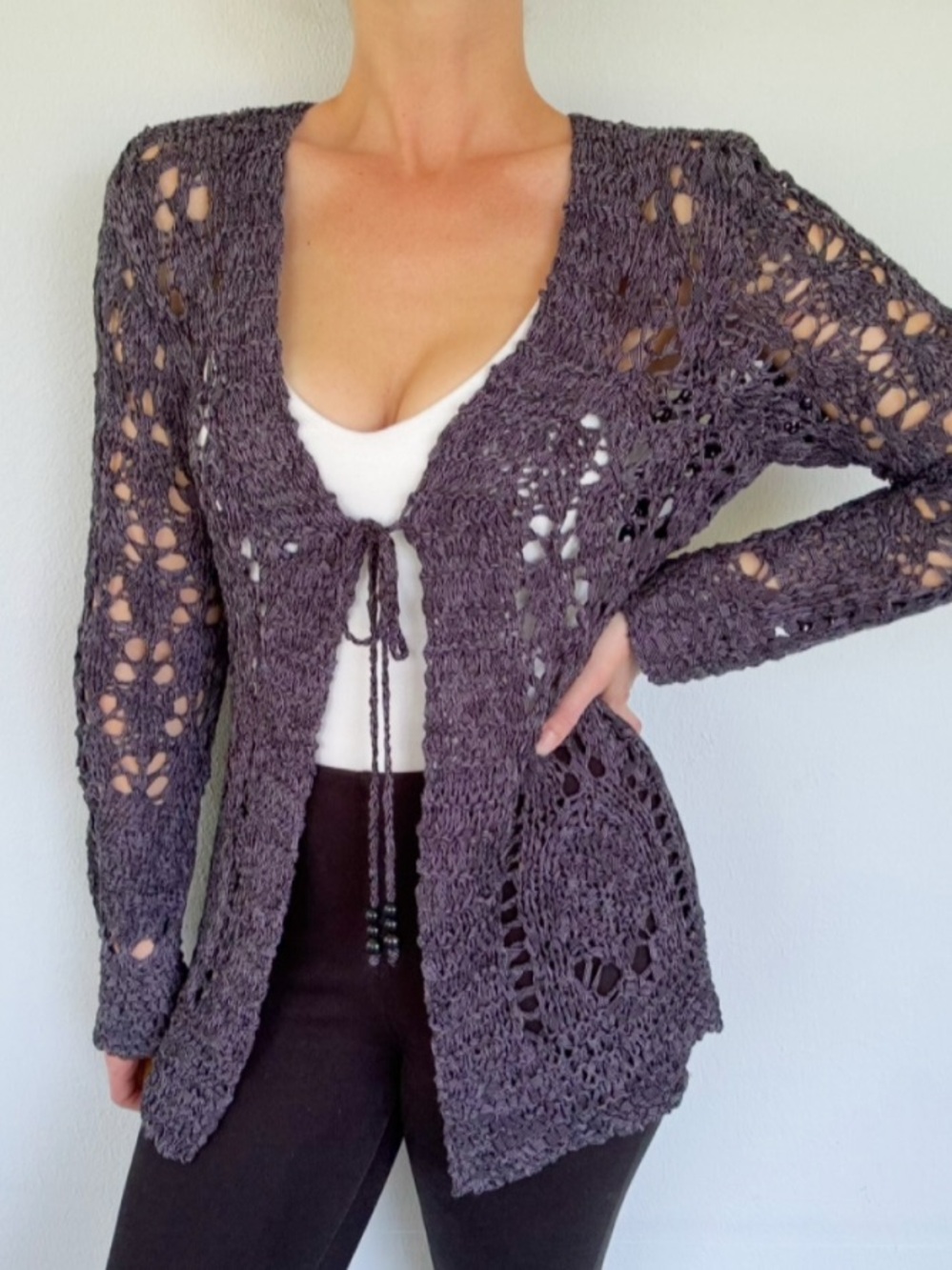 Chico’s twist time black gray open weave crochet lace cardigans sweater size 1